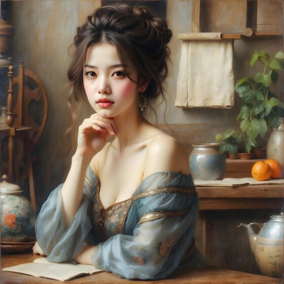 ai generated, woman, youth, face, dress, document, beautiful, exposure, table, artwork